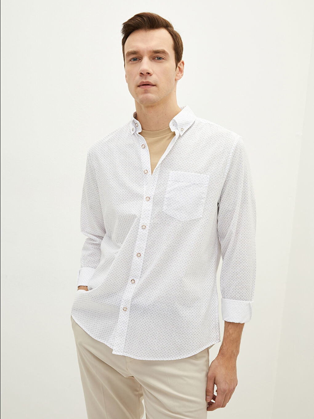 Regular Fit Long Sleeve Patterned Poplin Men's Shirt-1