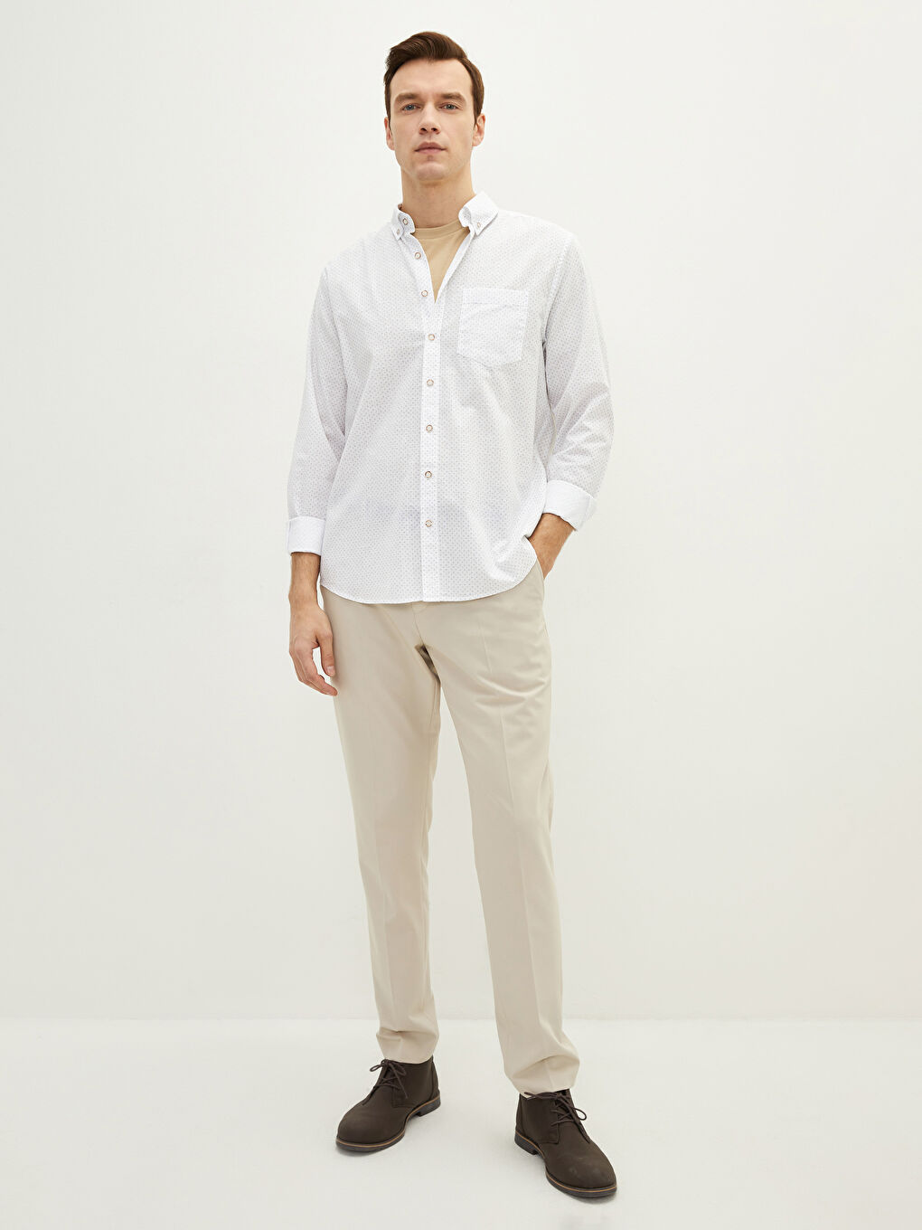 Regular Fit Long Sleeve Patterned Poplin Men's Shirt-2