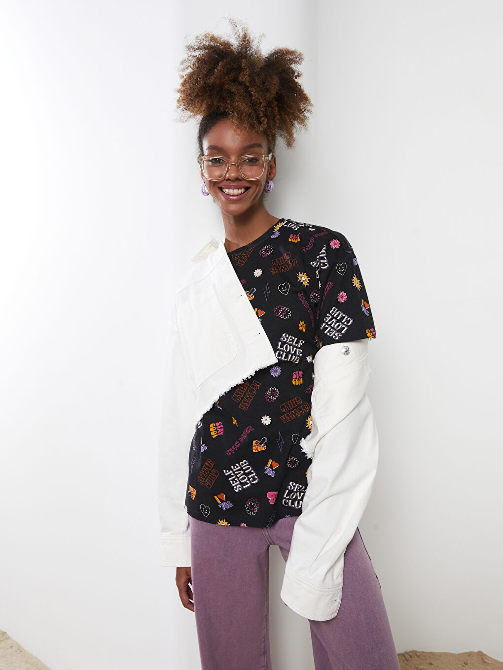 Tricou din Bumbac cu Mânecă Scurtă Imprimat și Guler Rotund pentru Femei