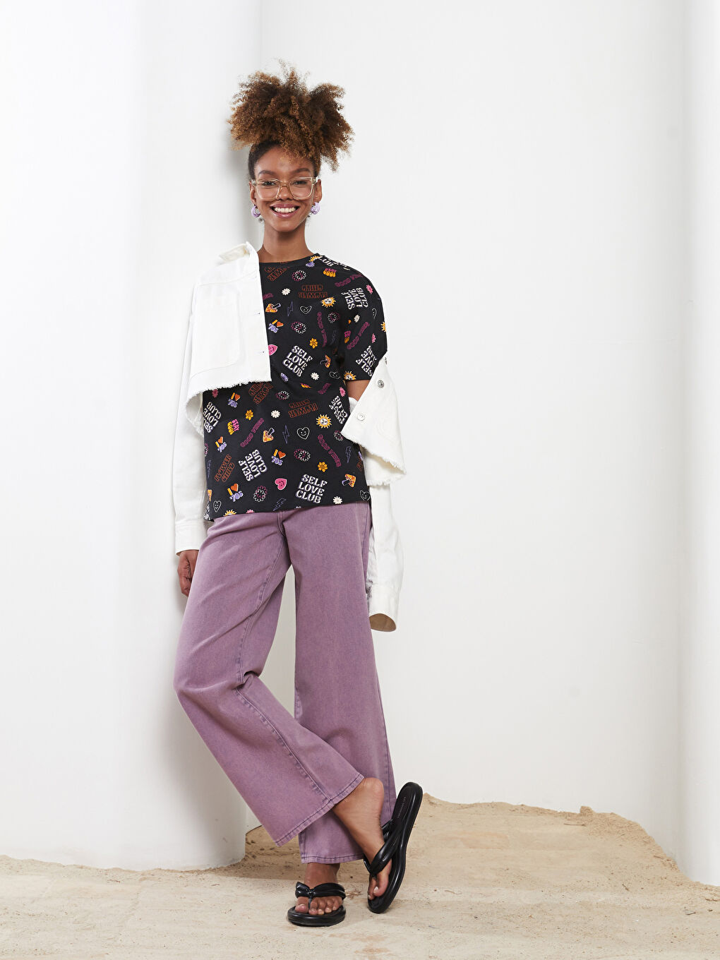 Tricou din Bumbac cu Mânecă Scurtă Imprimat și Guler Rotund pentru Femei-1