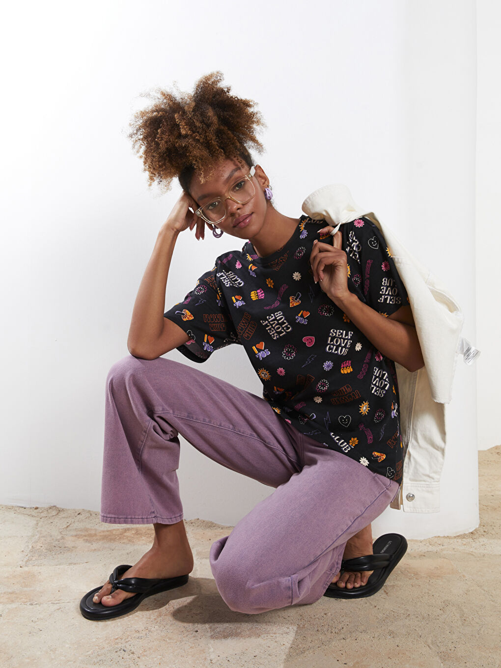 Tricou din Bumbac cu Mânecă Scurtă Imprimat și Guler Rotund pentru Femei-2