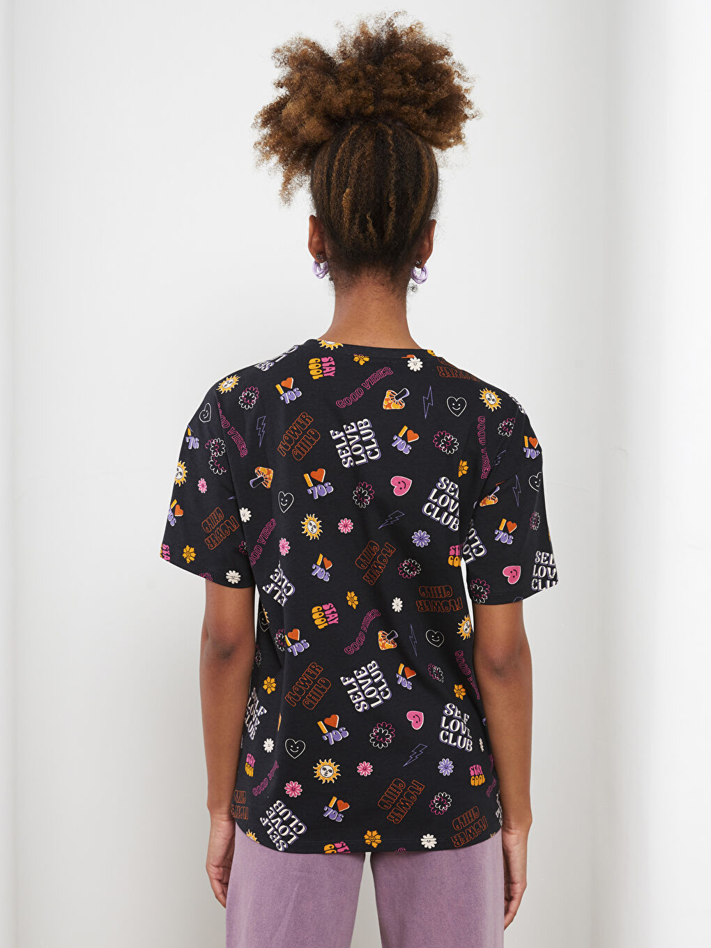 Tricou din Bumbac cu Mânecă Scurtă Imprimat și Guler Rotund pentru Femei-4