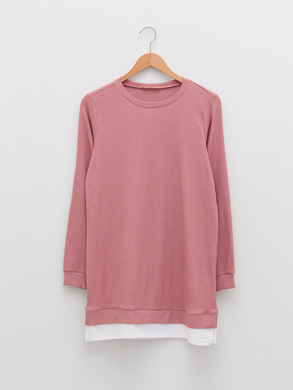 Pembe Bisiklet Yaka Düz Uzun Kollu Kadın Tunik-5