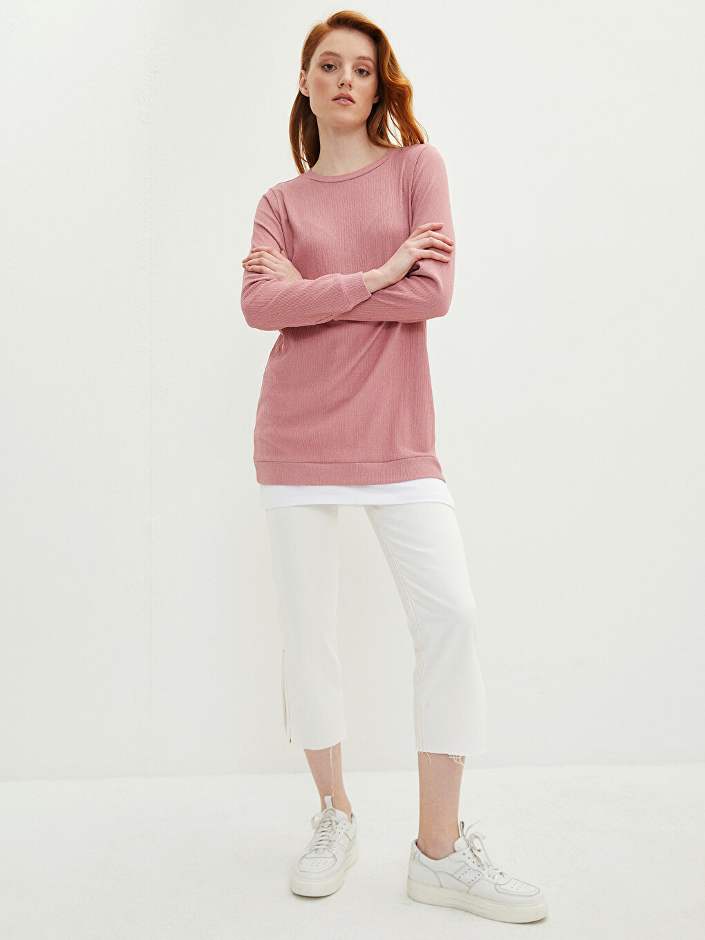 Pembe Bisiklet Yaka Düz Uzun Kollu Kadın Tunik-2