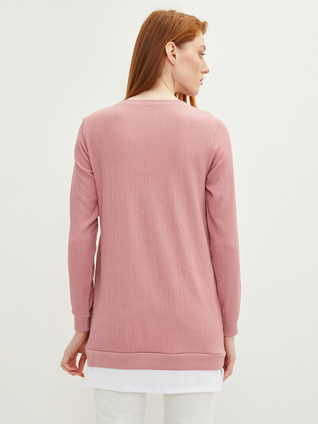 Pembe Bisiklet Yaka Düz Uzun Kollu Kadın Tunik-4