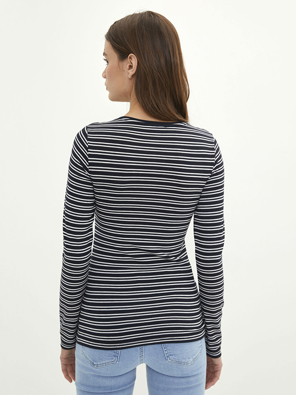 ياقة دائرية مخطط كم طويل جسم للسيدات-4