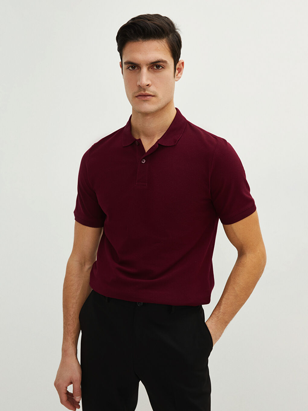 Bordo Polo Yaka Kısa Kollu Basic Pike Erkek Tişört-1