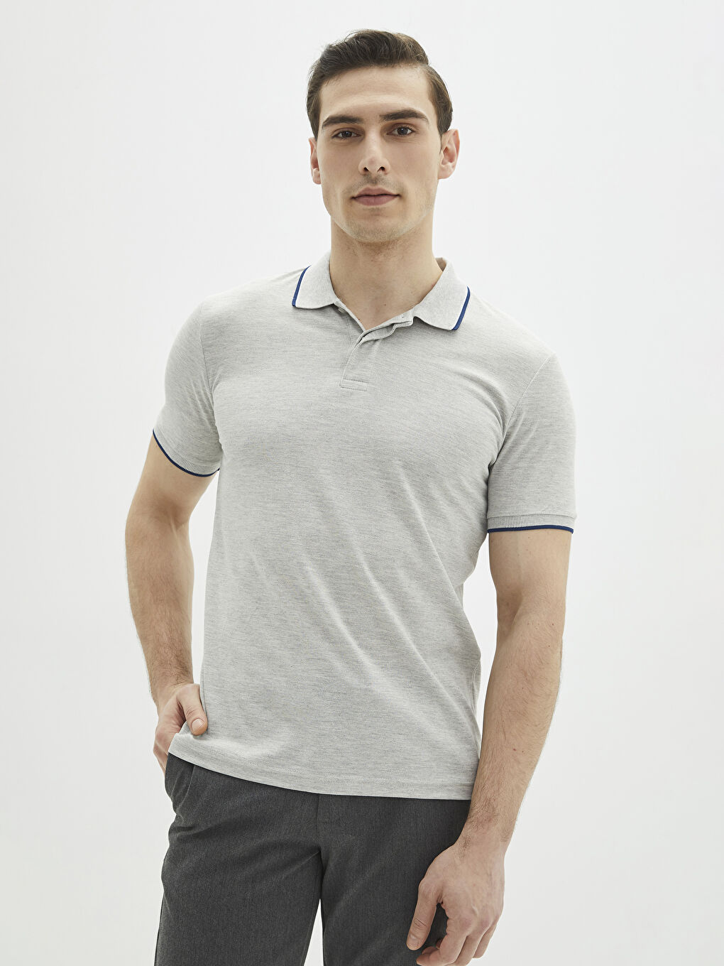 Gri Polo Yaka Kısa Kollu Pike Erkek Tişört