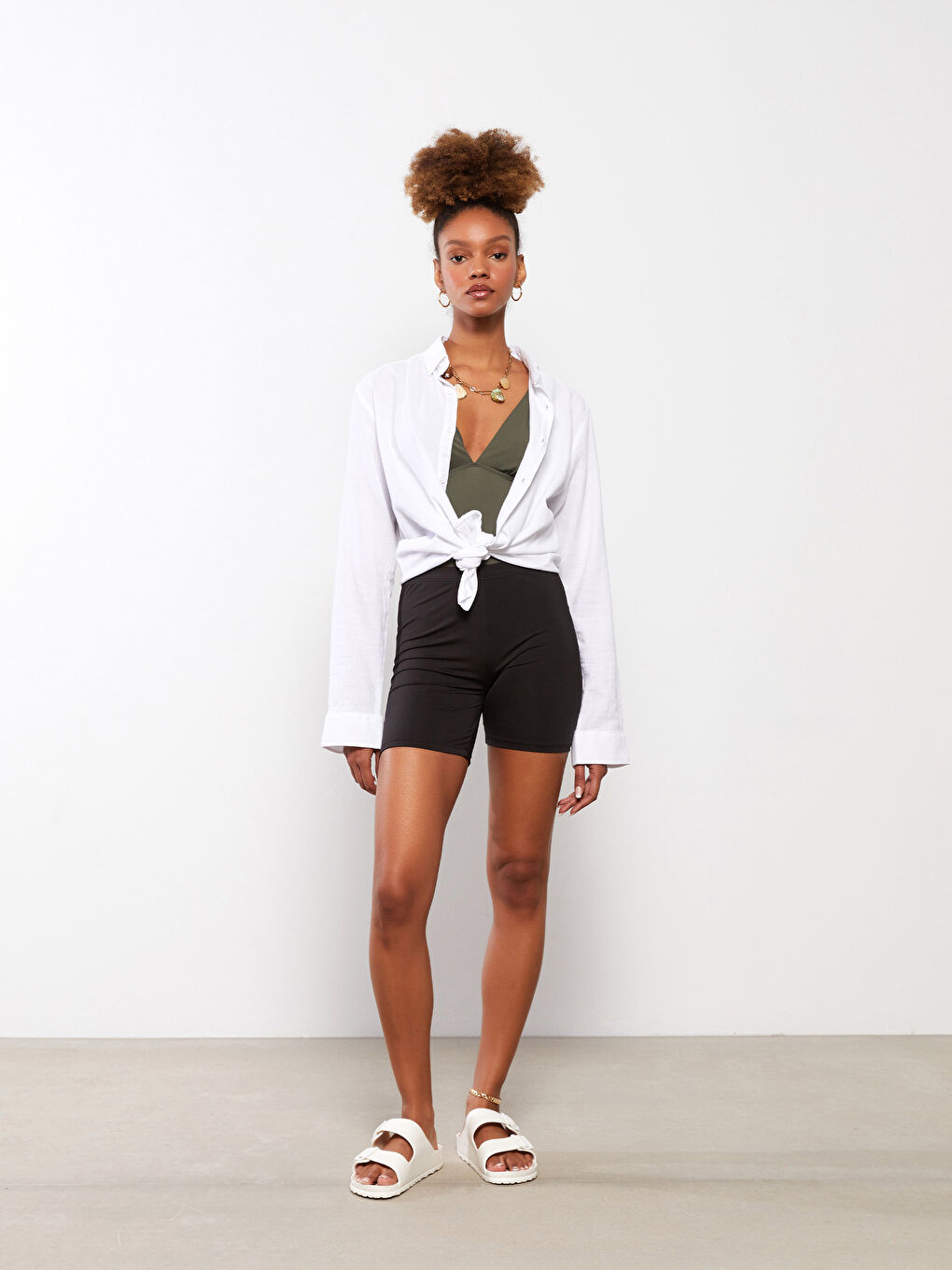 Women's Elasticated Waist Plain Swimming Shorts-1