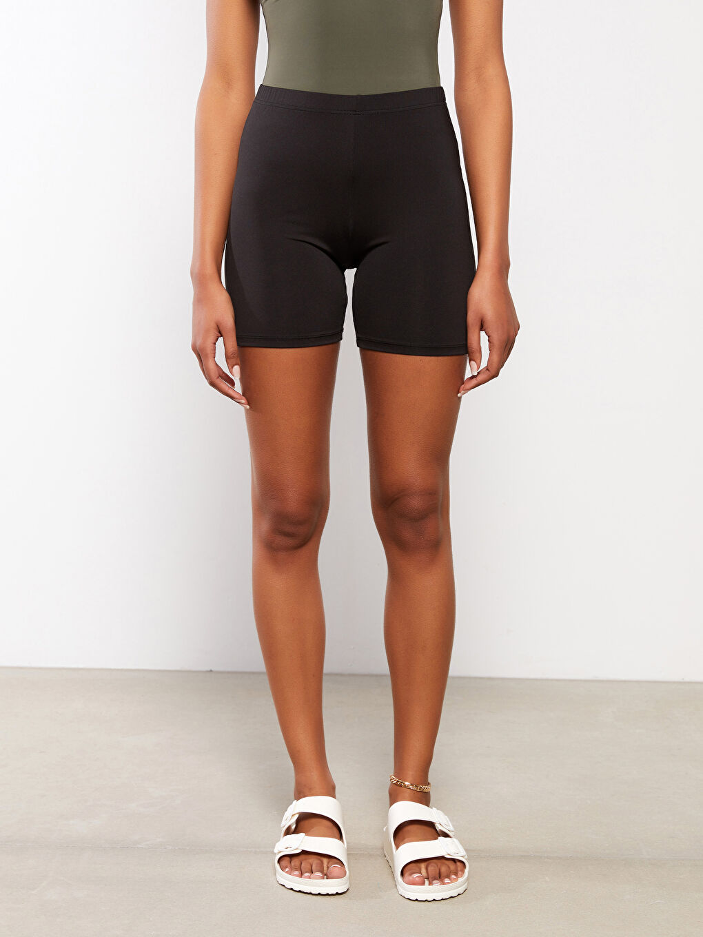 Women's Elasticated Waist Plain Swimming Shorts-5