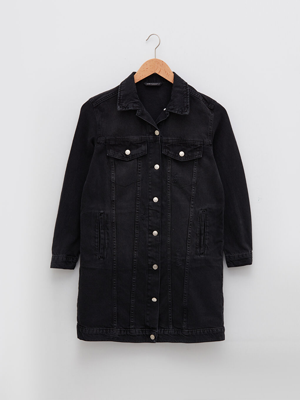 Siyah Gömlek Yaka Düz Cep Detaylı Uzun Kollu Kadın Rodeo Jean Ceket-5