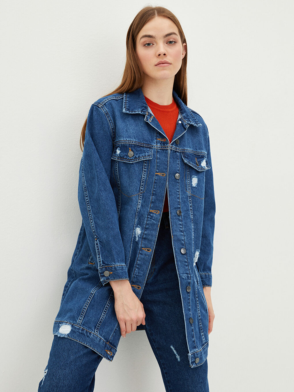 İndigo Gömlek Yaka Düz Cep Detaylı Uzun Kollu Kadın Rodeo Jean Ceket