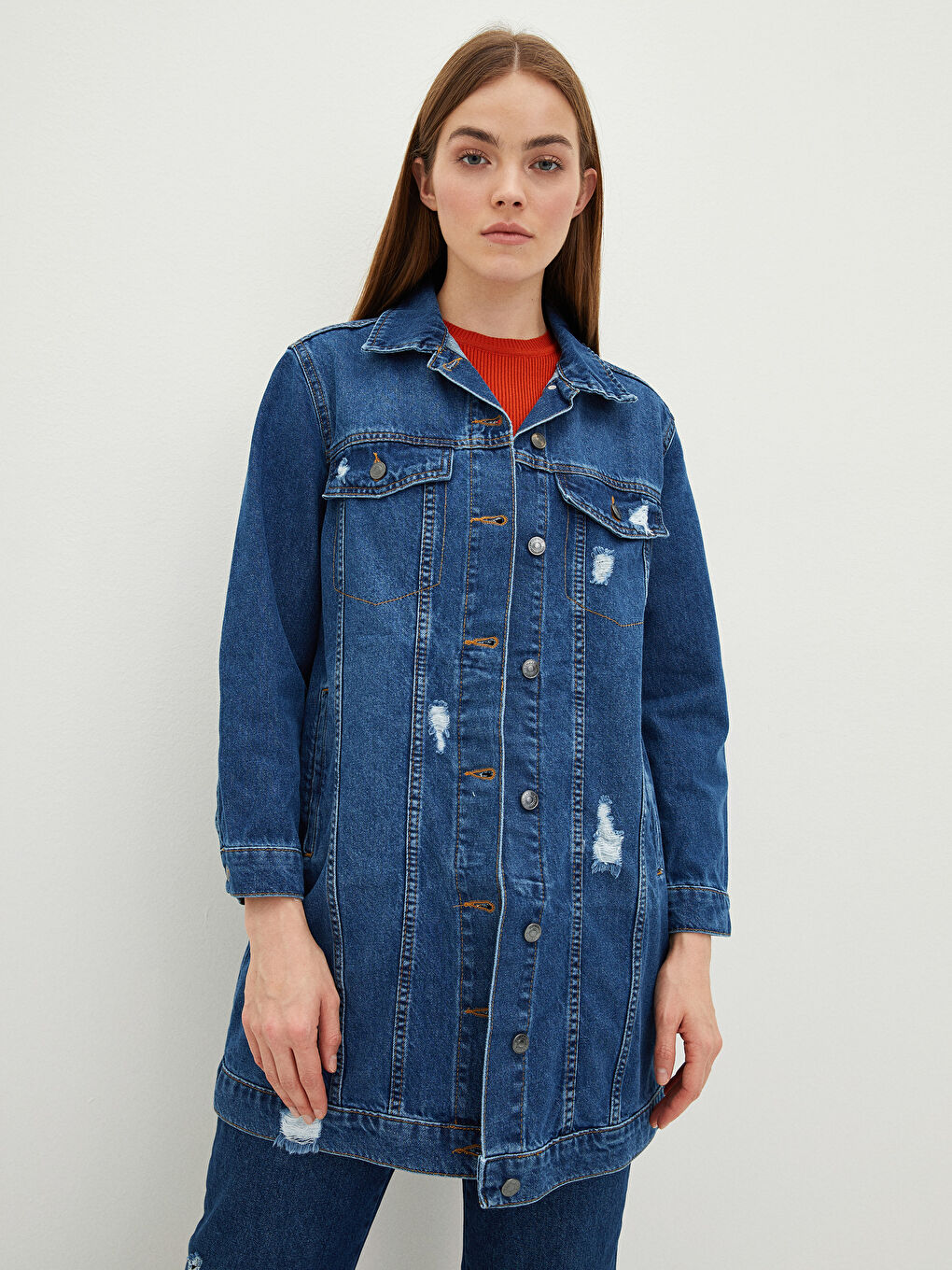 İndigo Gömlek Yaka Düz Cep Detaylı Uzun Kollu Kadın Rodeo Jean Ceket-1