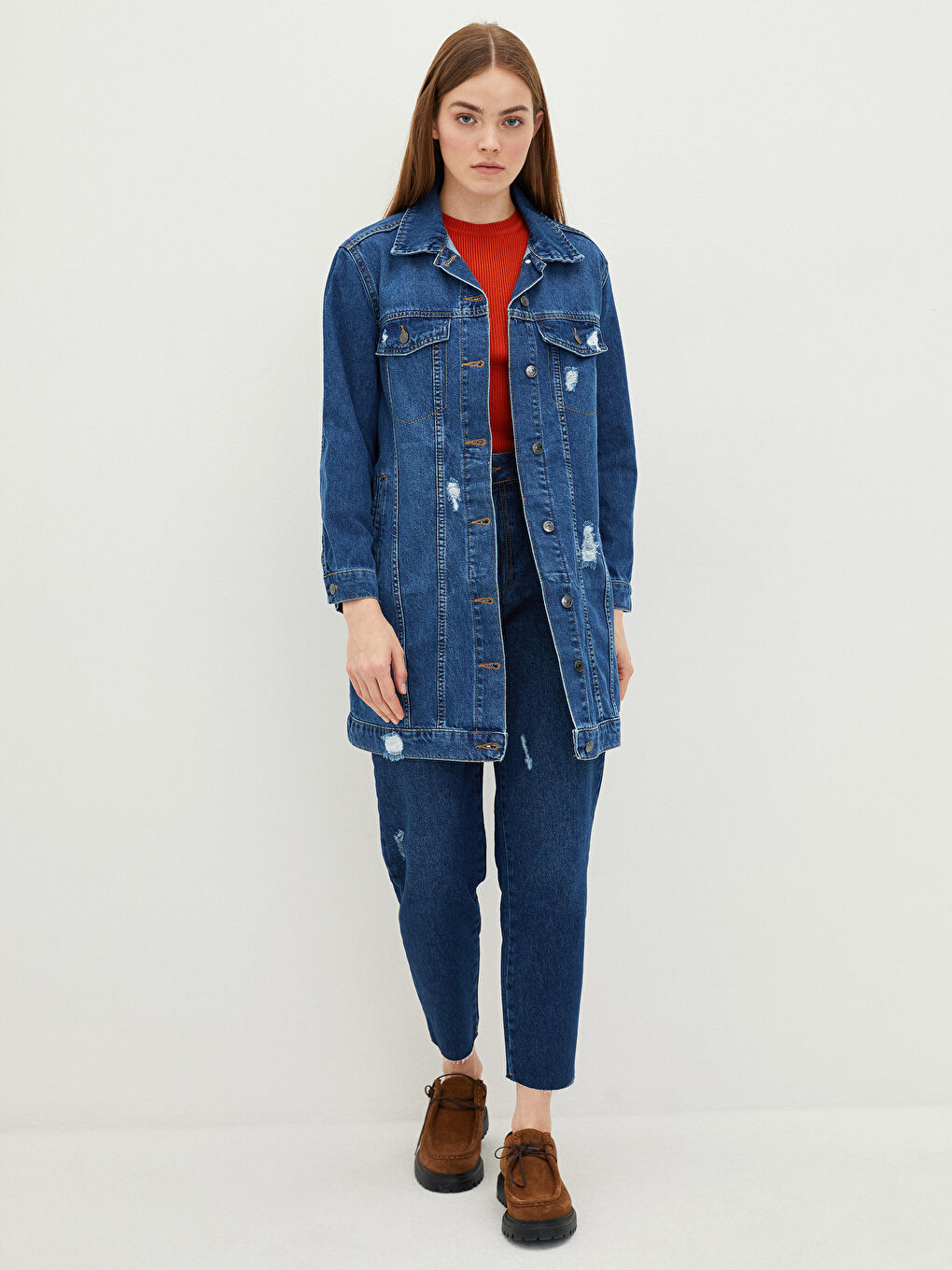 İndigo Gömlek Yaka Düz Cep Detaylı Uzun Kollu Kadın Rodeo Jean Ceket-2