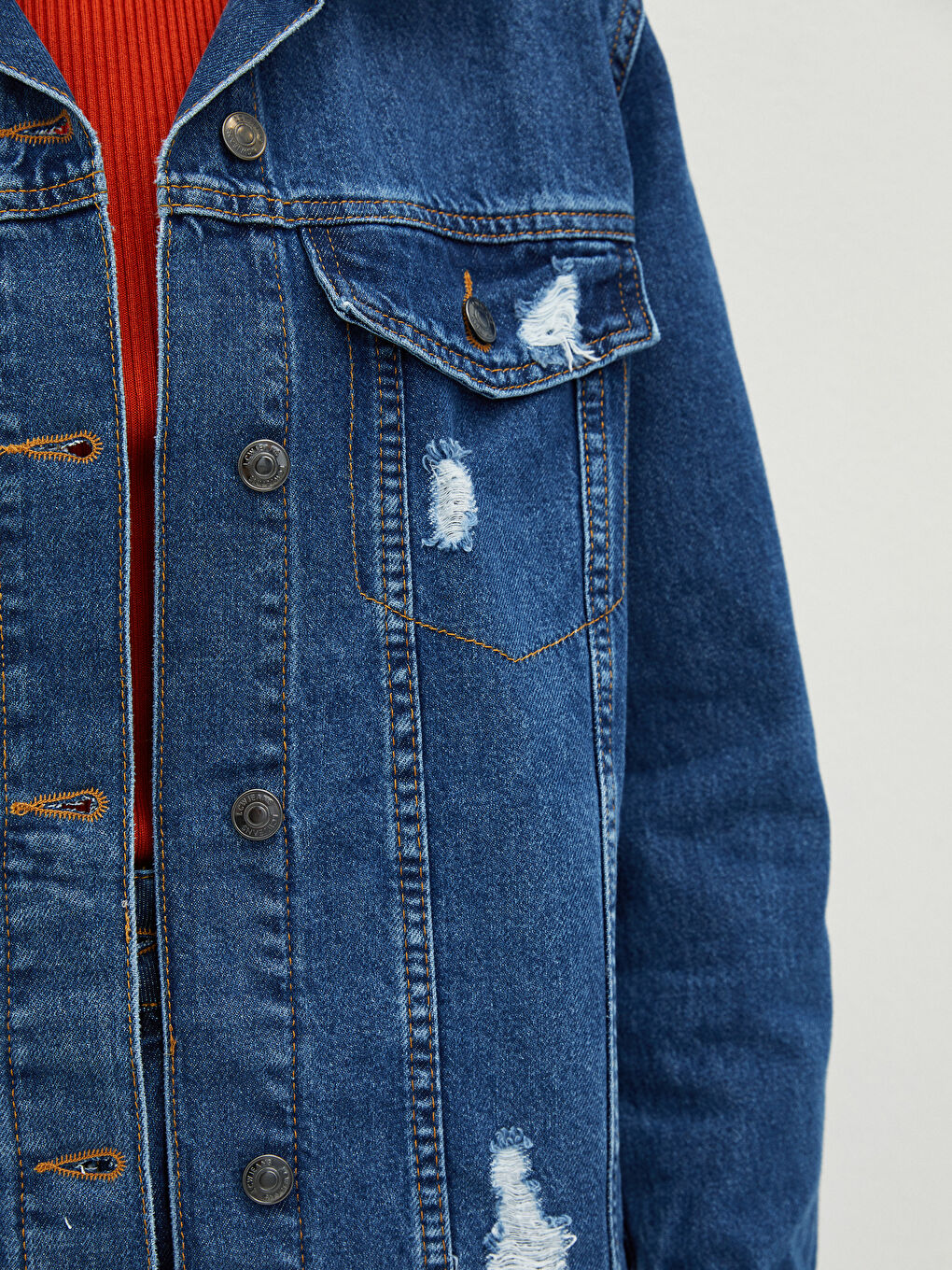 İndigo Gömlek Yaka Düz Cep Detaylı Uzun Kollu Kadın Rodeo Jean Ceket-3