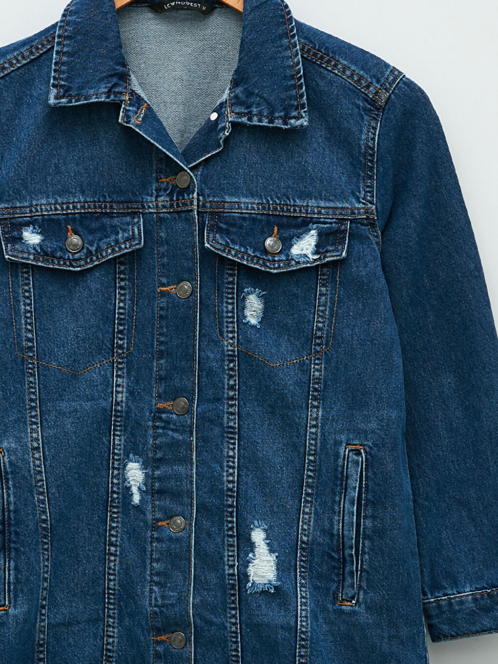 İndigo Gömlek Yaka Düz Cep Detaylı Uzun Kollu Kadın Rodeo Jean Ceket-7