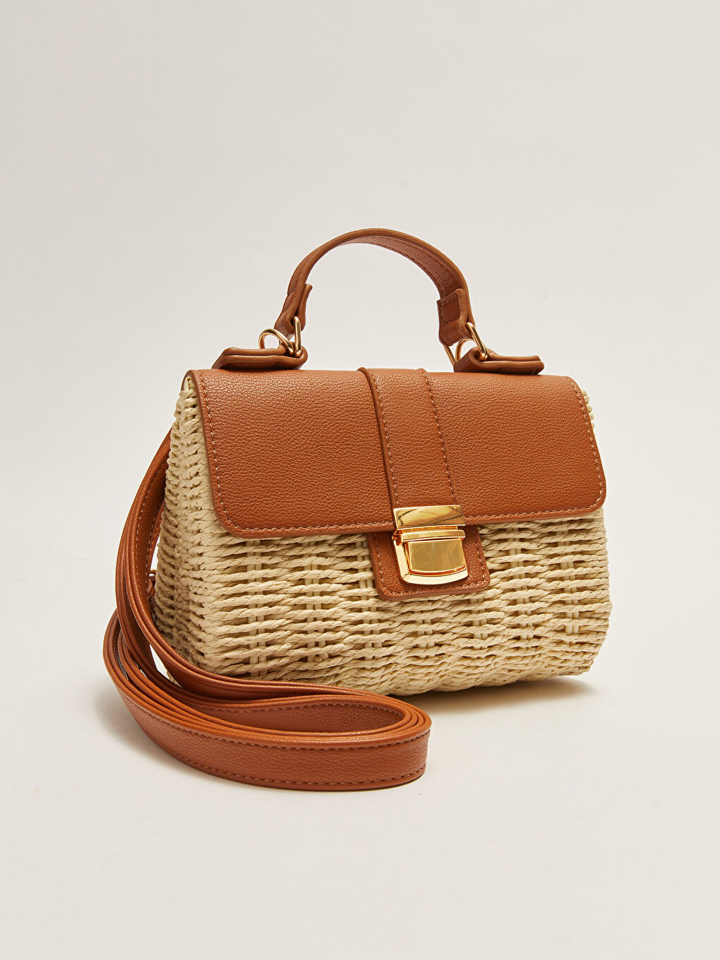 Kahverengi Renk Bloklu Kadın Hasır Çapraz Çanta-2