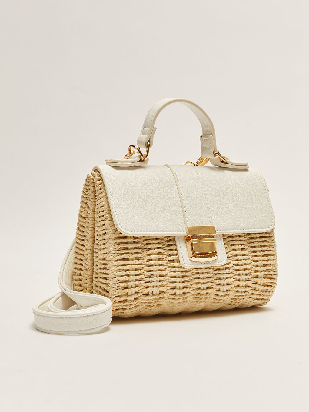 Beyaz Renk Bloklu Kadın Hasır Çapraz Çanta-3