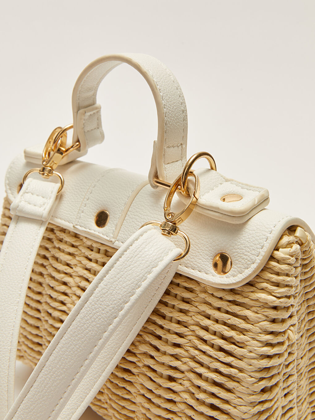 Beyaz Renk Bloklu Kadın Hasır Çapraz Çanta-7