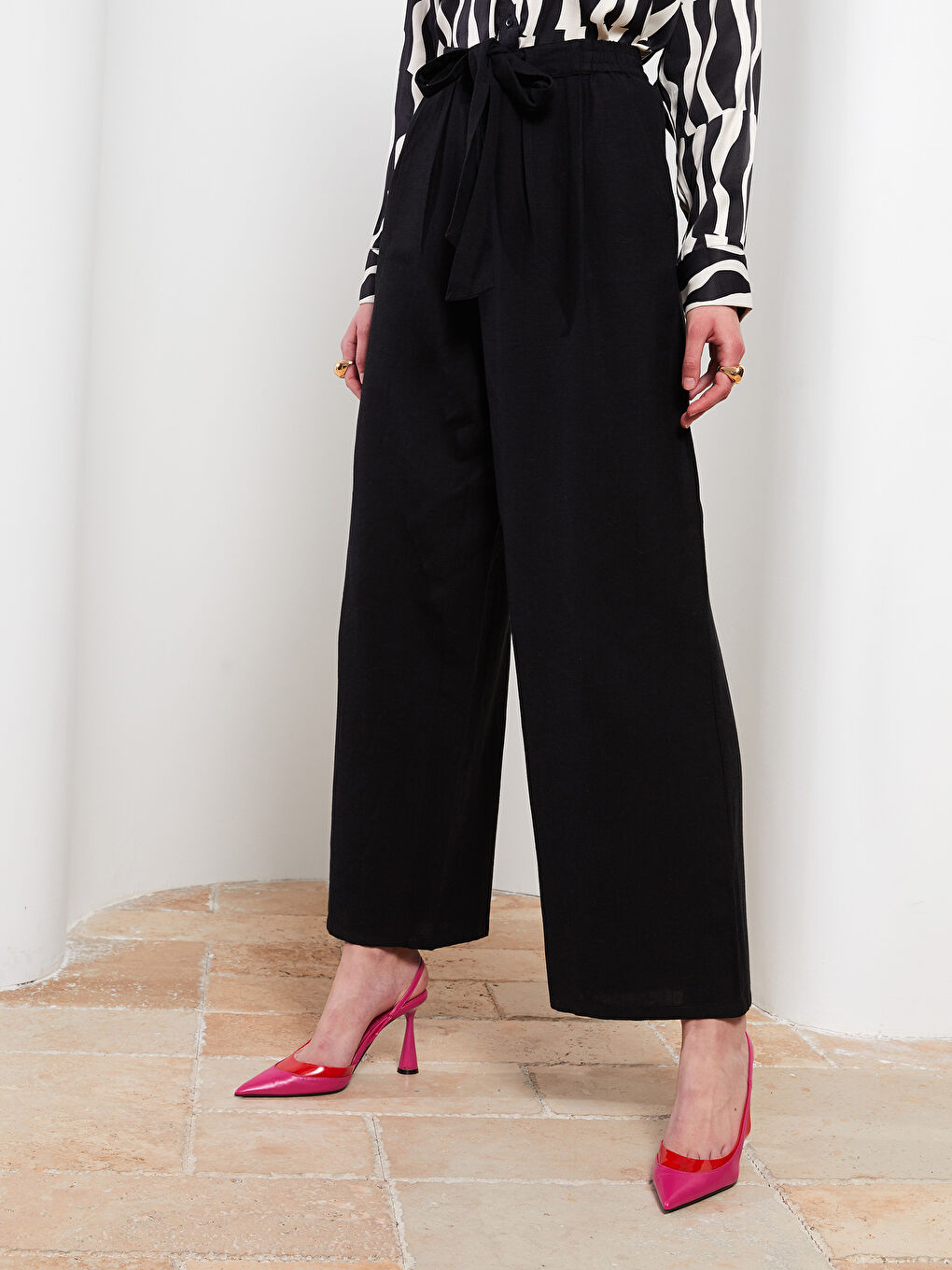 Pantalon Droit Gabardine pour Femmes à Taille Élastique et Détails Noués-4