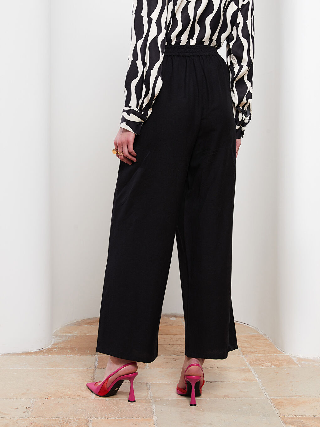 Pantalon Droit Gabardine pour Femmes à Taille Élastique et Détails Noués-5