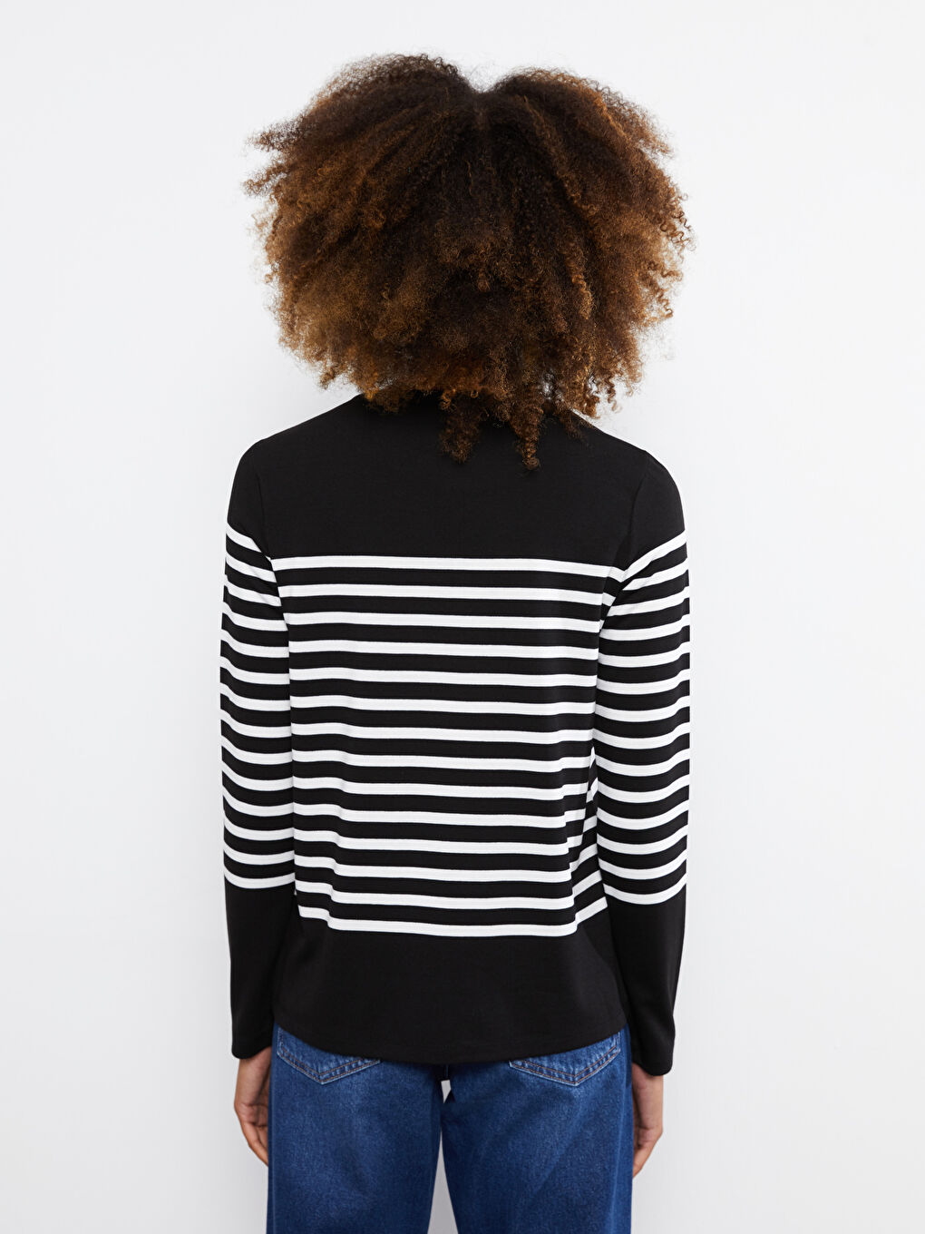 Siyah Bisiklet Yaka Çizgili Uzun Kollu Kadın Tişört-4