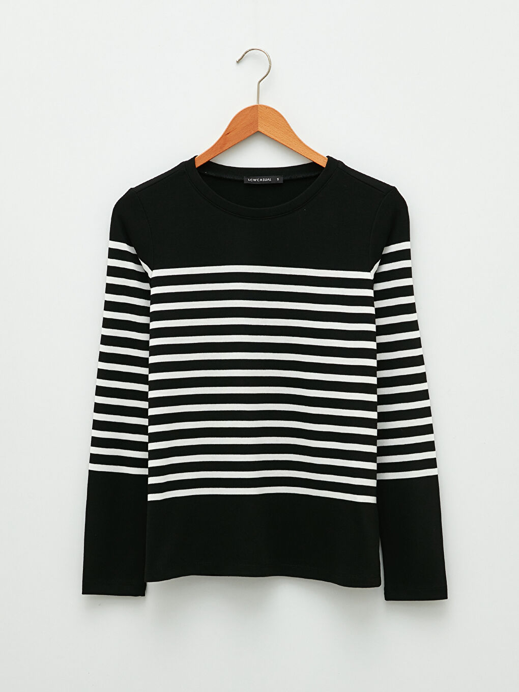 Siyah Bisiklet Yaka Çizgili Uzun Kollu Kadın Tişört-5