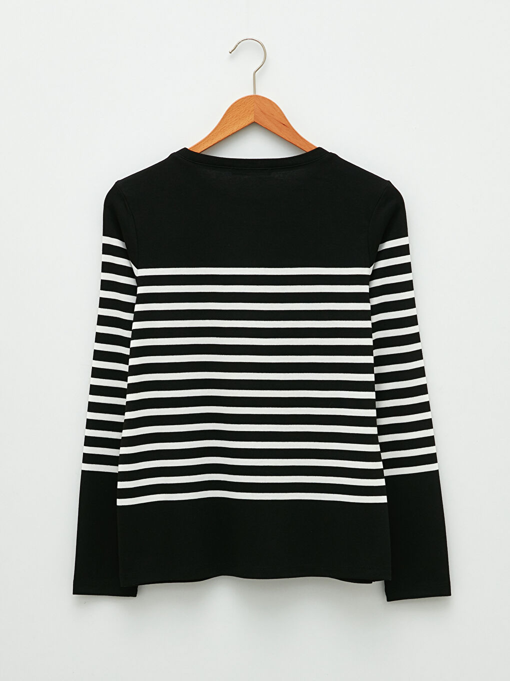 Siyah Bisiklet Yaka Çizgili Uzun Kollu Kadın Tişört-6