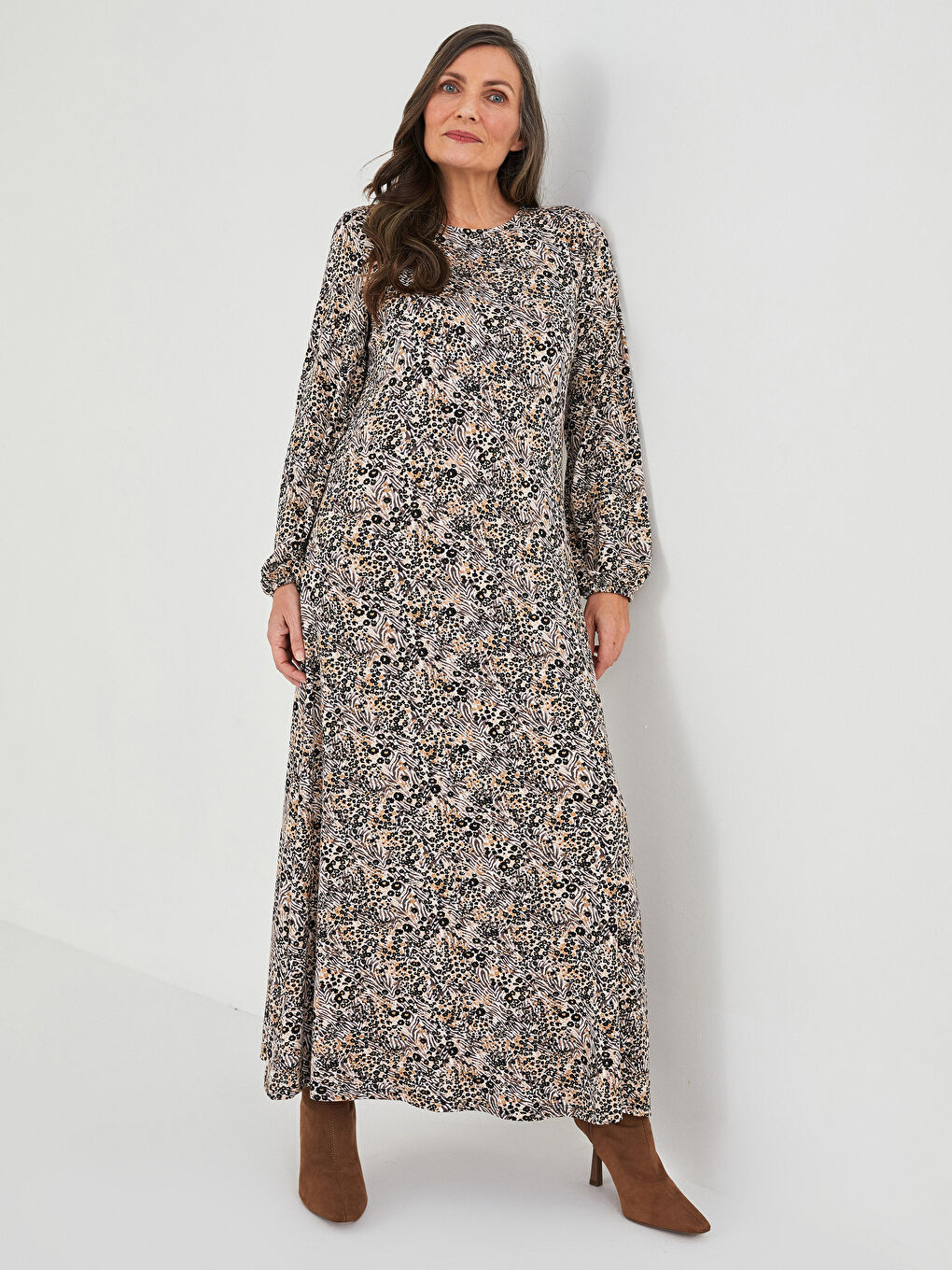 Crew Neck Patterned Long Sleeve A-Line Women's Dress