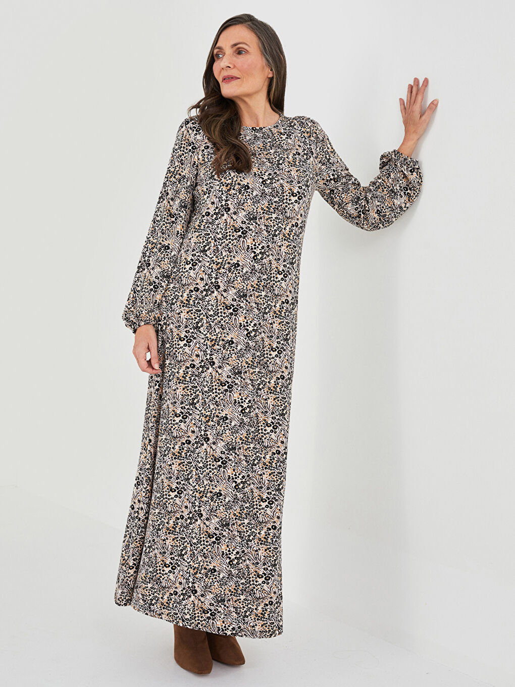 Crew Neck Patterned Long Sleeve A-Line Women's Dress-1
