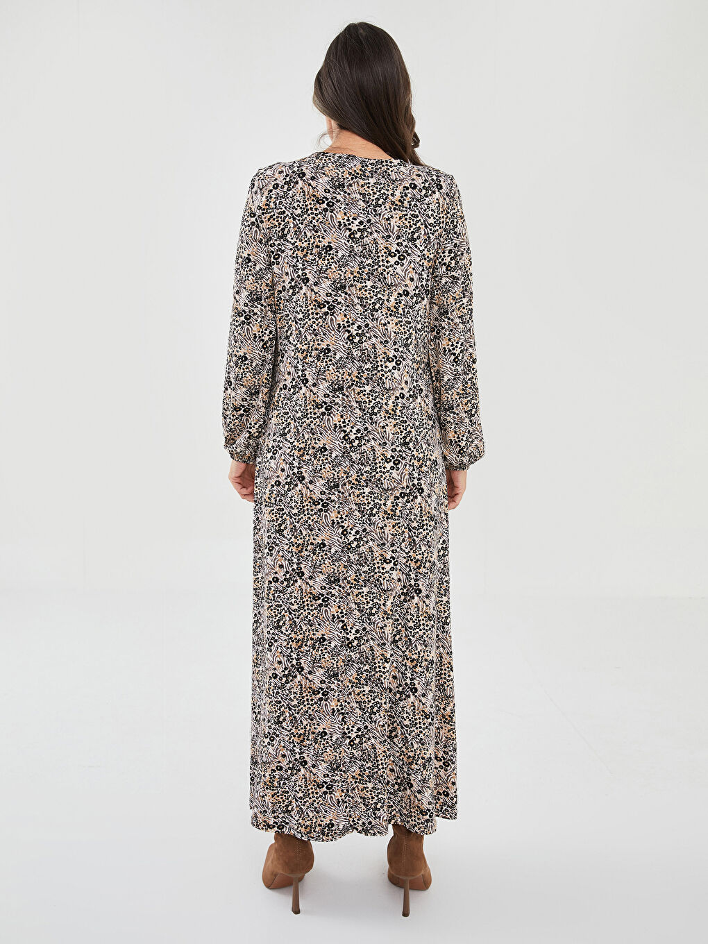 Crew Neck Patterned Long Sleeve A-Line Women's Dress-3