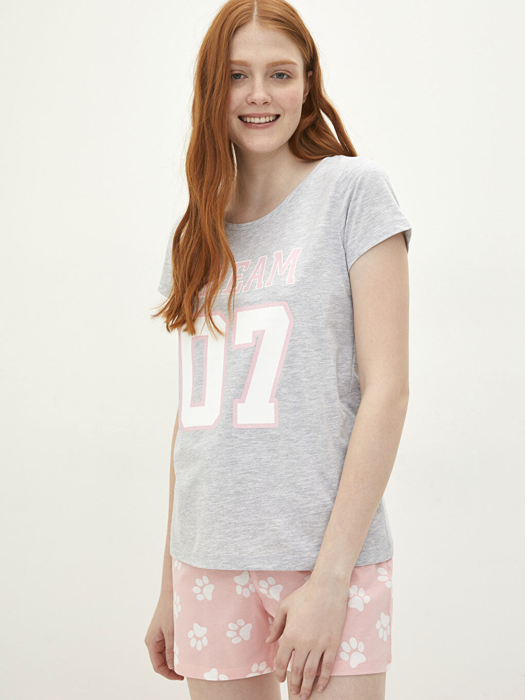 Pembe Bisiklet Yaka Baskılı Kısa Kollu Kadın Pijama Takımı