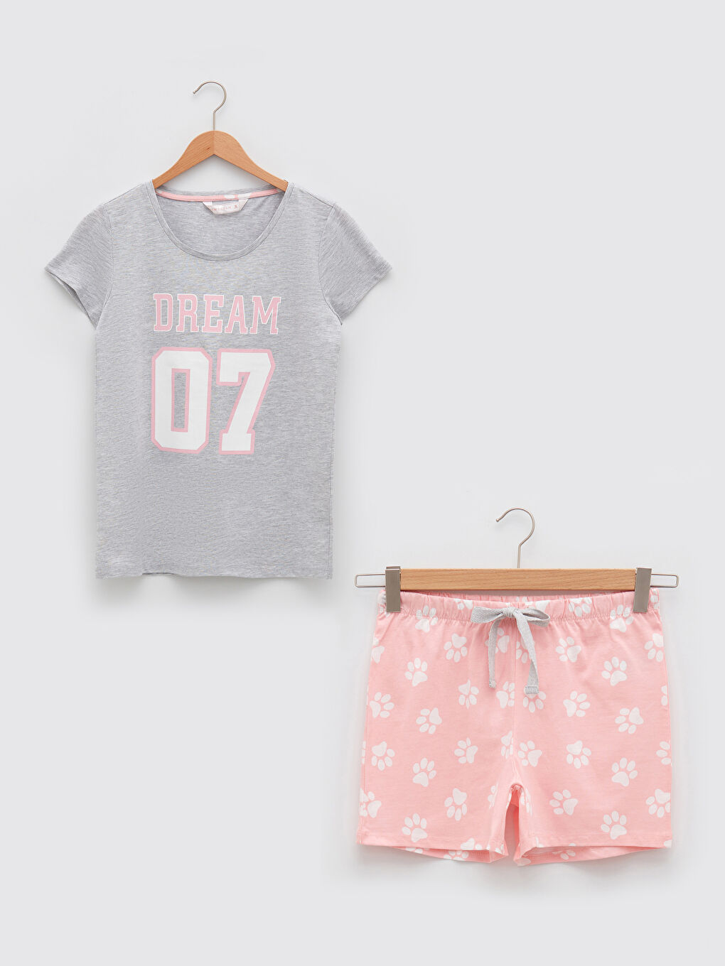 Pembe Bisiklet Yaka Baskılı Kısa Kollu Kadın Pijama Takımı-5