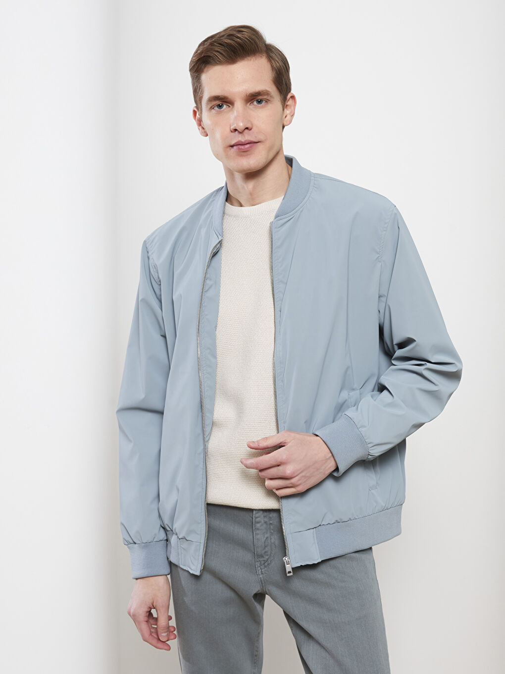 Mavi Standart Kalıp Kolej Yaka Erkek Bomber Deri Görünümlü Mont-1