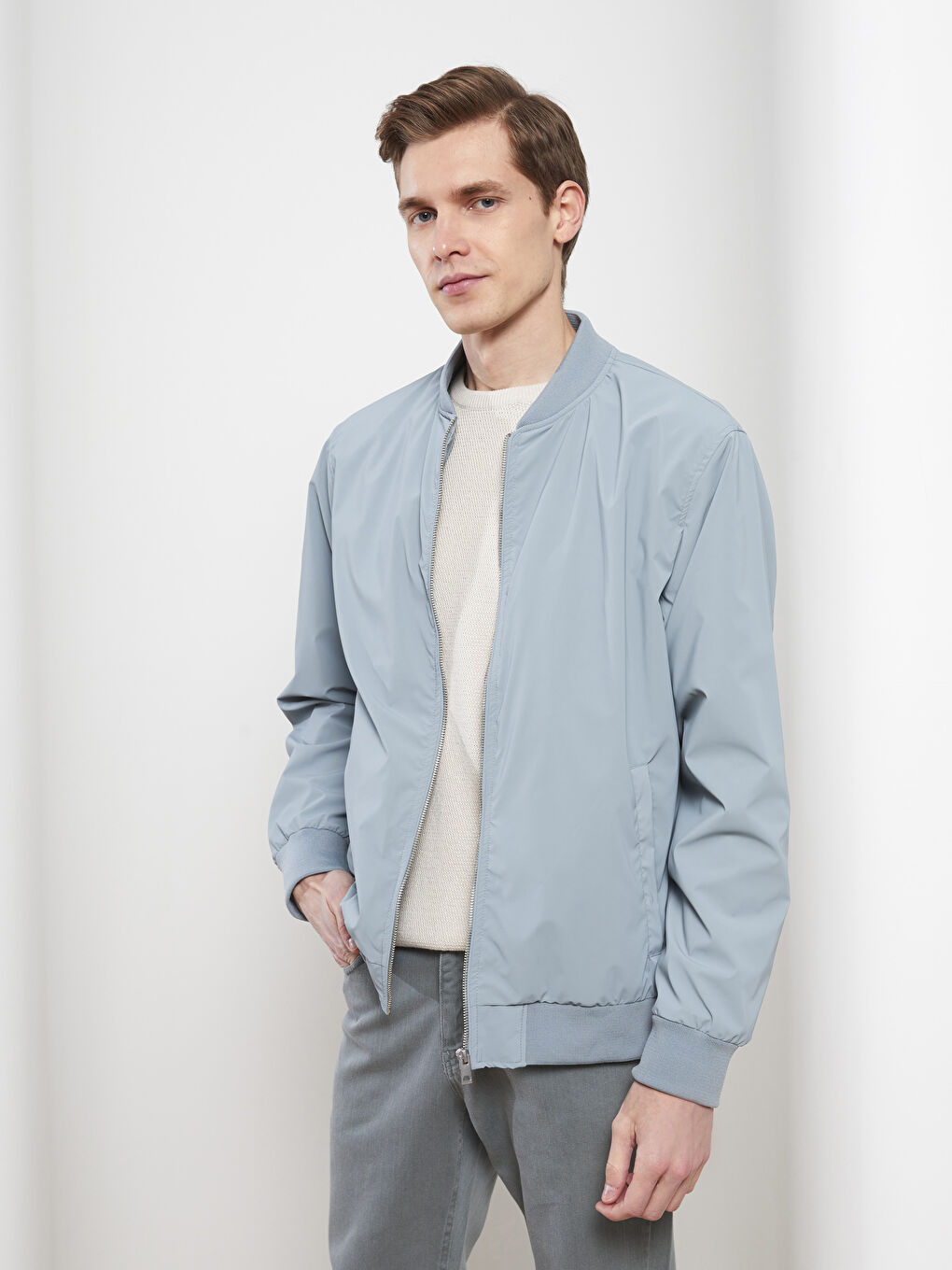 Mavi Standart Kalıp Kolej Yaka Erkek Bomber Deri Görünümlü Mont-2