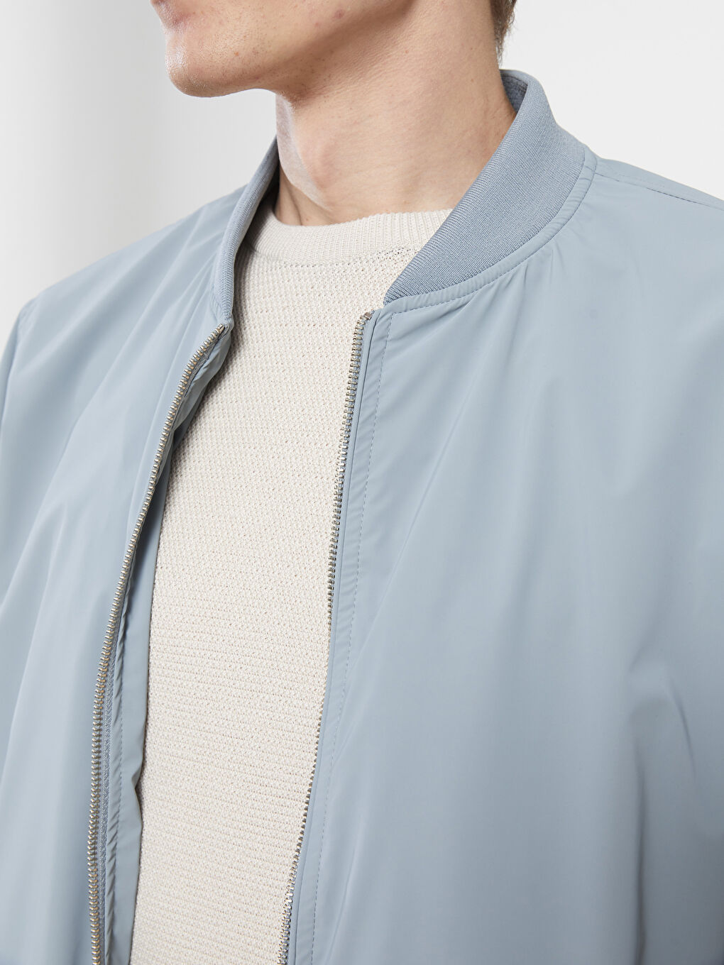 Mavi Standart Kalıp Kolej Yaka Erkek Bomber Deri Görünümlü Mont-3