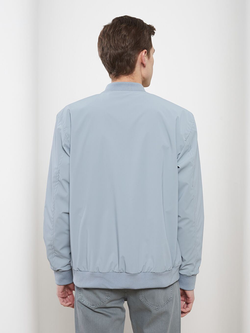 Mavi Standart Kalıp Kolej Yaka Erkek Bomber Deri Görünümlü Mont-5