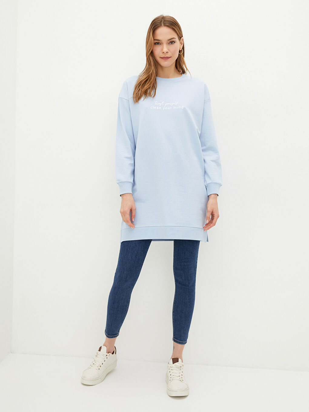 Mavi Bisiklet Yaka Yazı Baskılı Uzun Kollu Kadın Sweatshirt Tunik-1