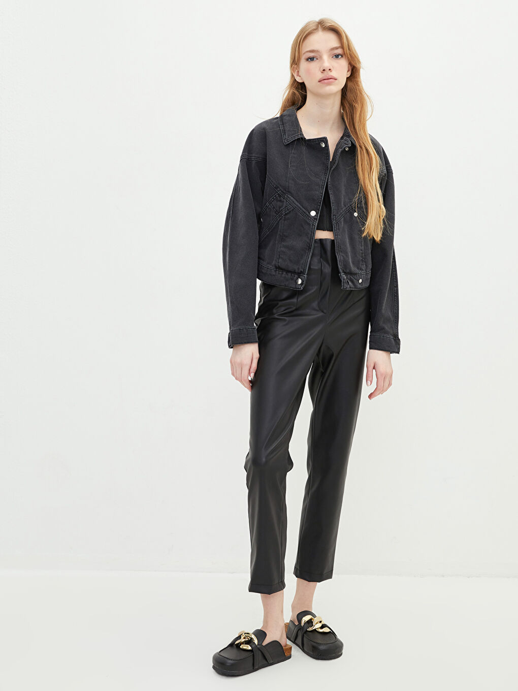 Siyah Gömlek Yaka Düz Uzun Kollu Kadın Rodeo Jean Ceket-1