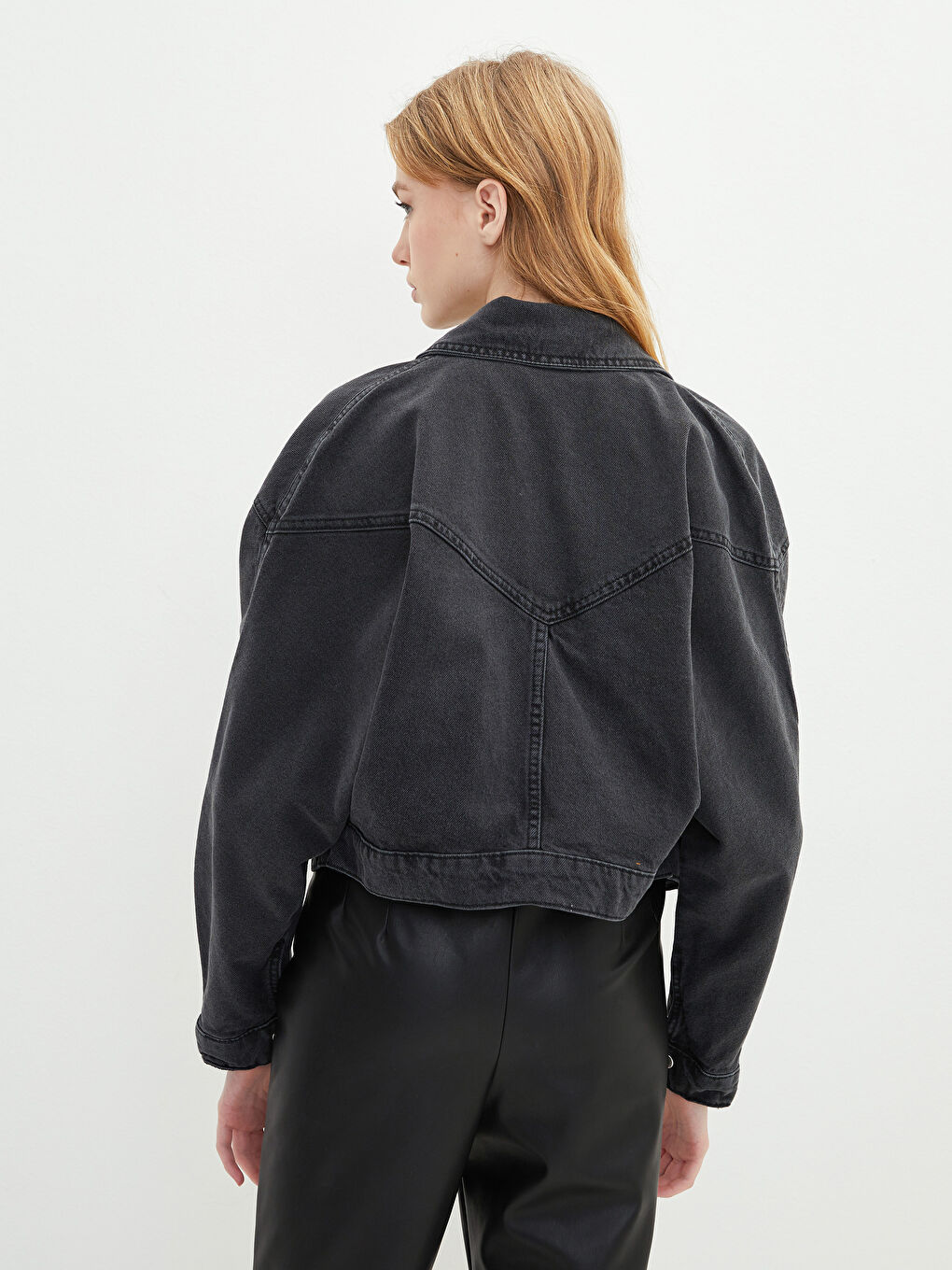 Siyah Gömlek Yaka Düz Uzun Kollu Kadın Rodeo Jean Ceket-4