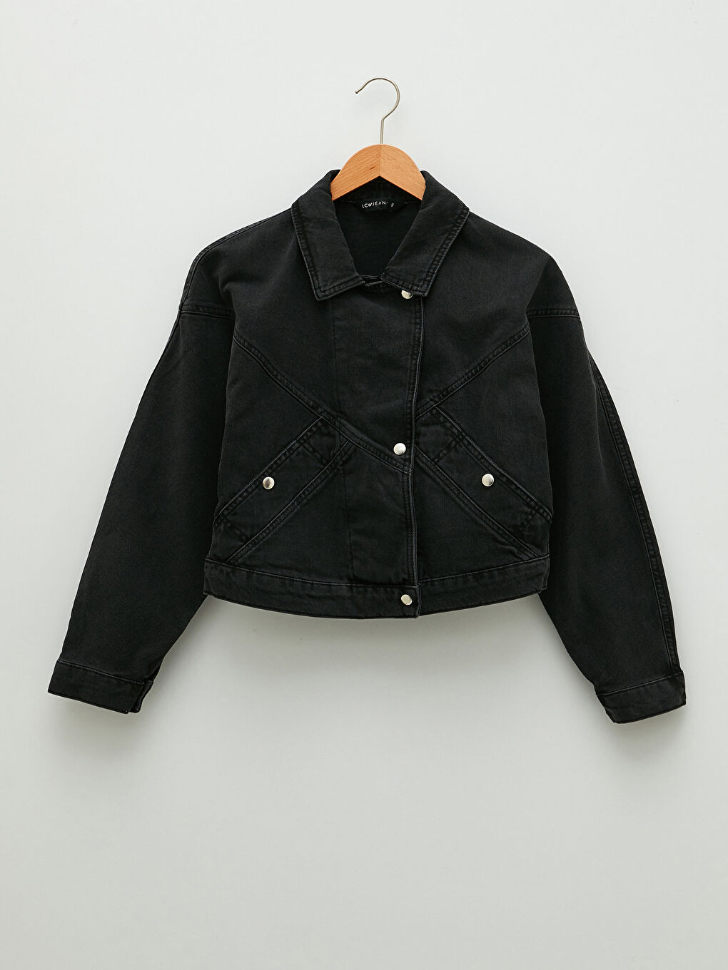 Siyah Gömlek Yaka Düz Uzun Kollu Kadın Rodeo Jean Ceket-5