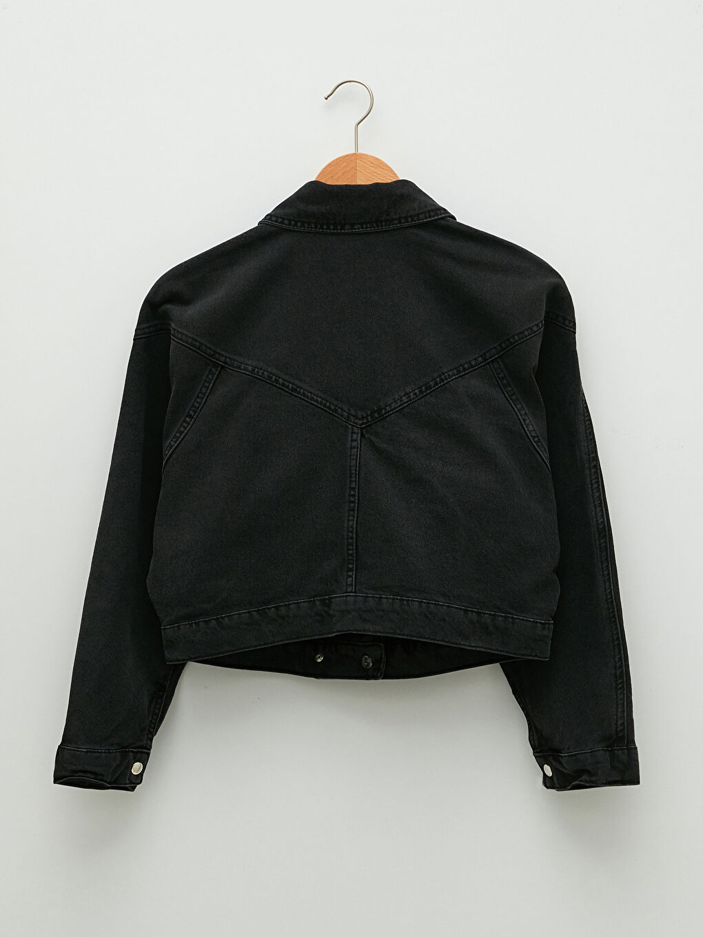 Siyah Gömlek Yaka Düz Uzun Kollu Kadın Rodeo Jean Ceket-6