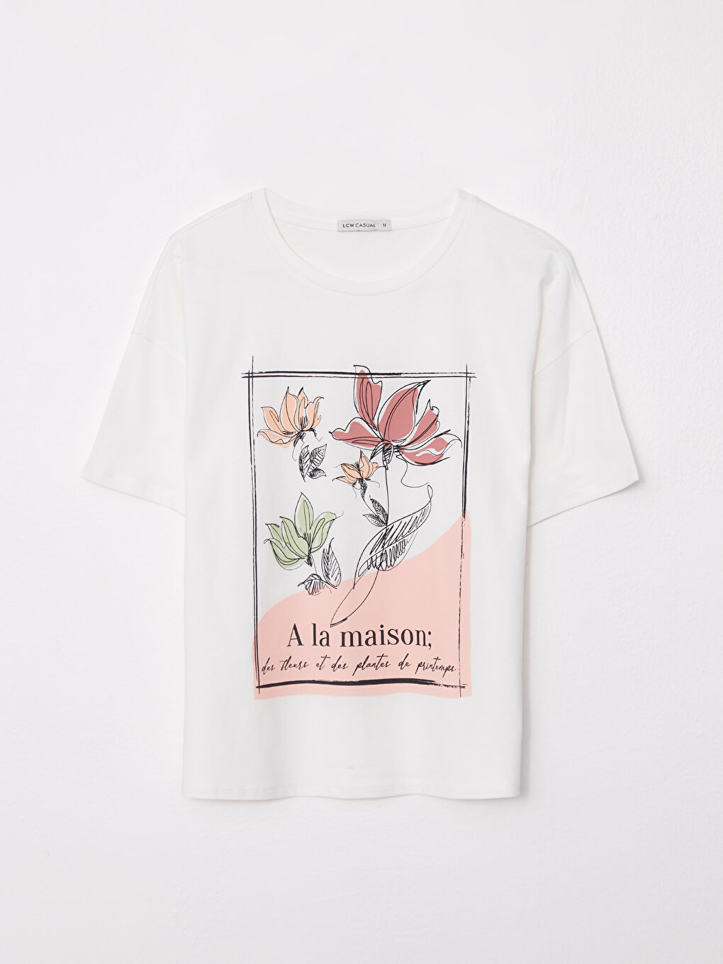 Ekru Bisiklet Yaka Baskılı Kısa Kollu Pamuklu Kadın Tişört-4