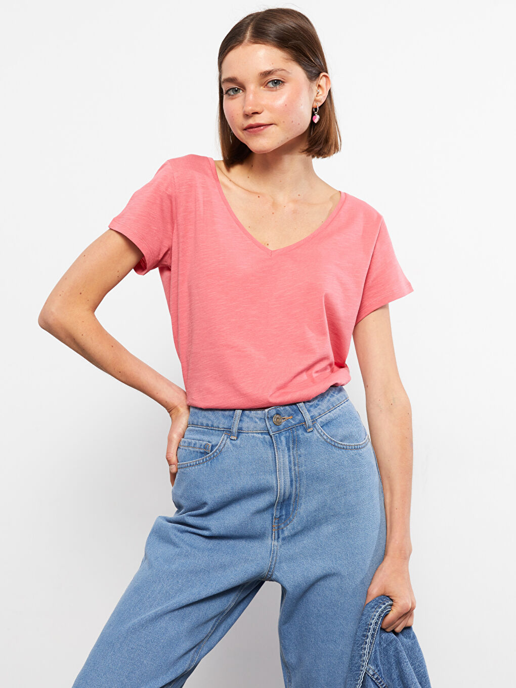 V-neck Straight Short Sleeve Cotton Women's T-Shirt