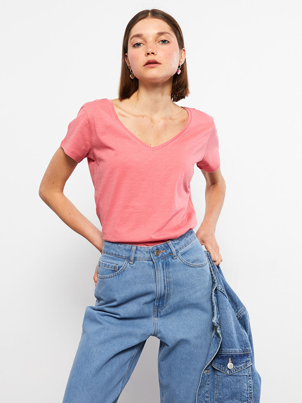 V-neck Straight Short Sleeve Cotton Women's T-Shirt-1