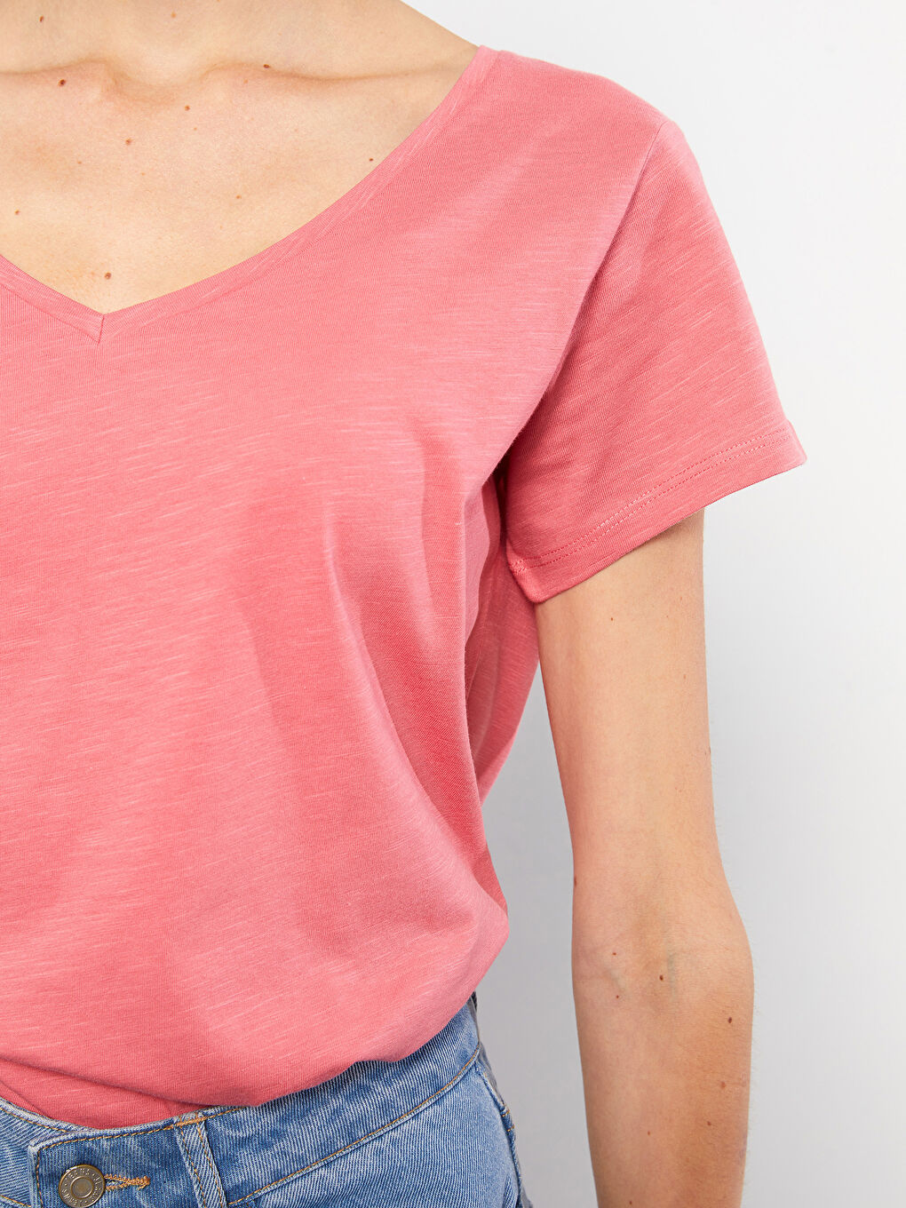 V-neck Straight Short Sleeve Cotton Women's T-Shirt-3