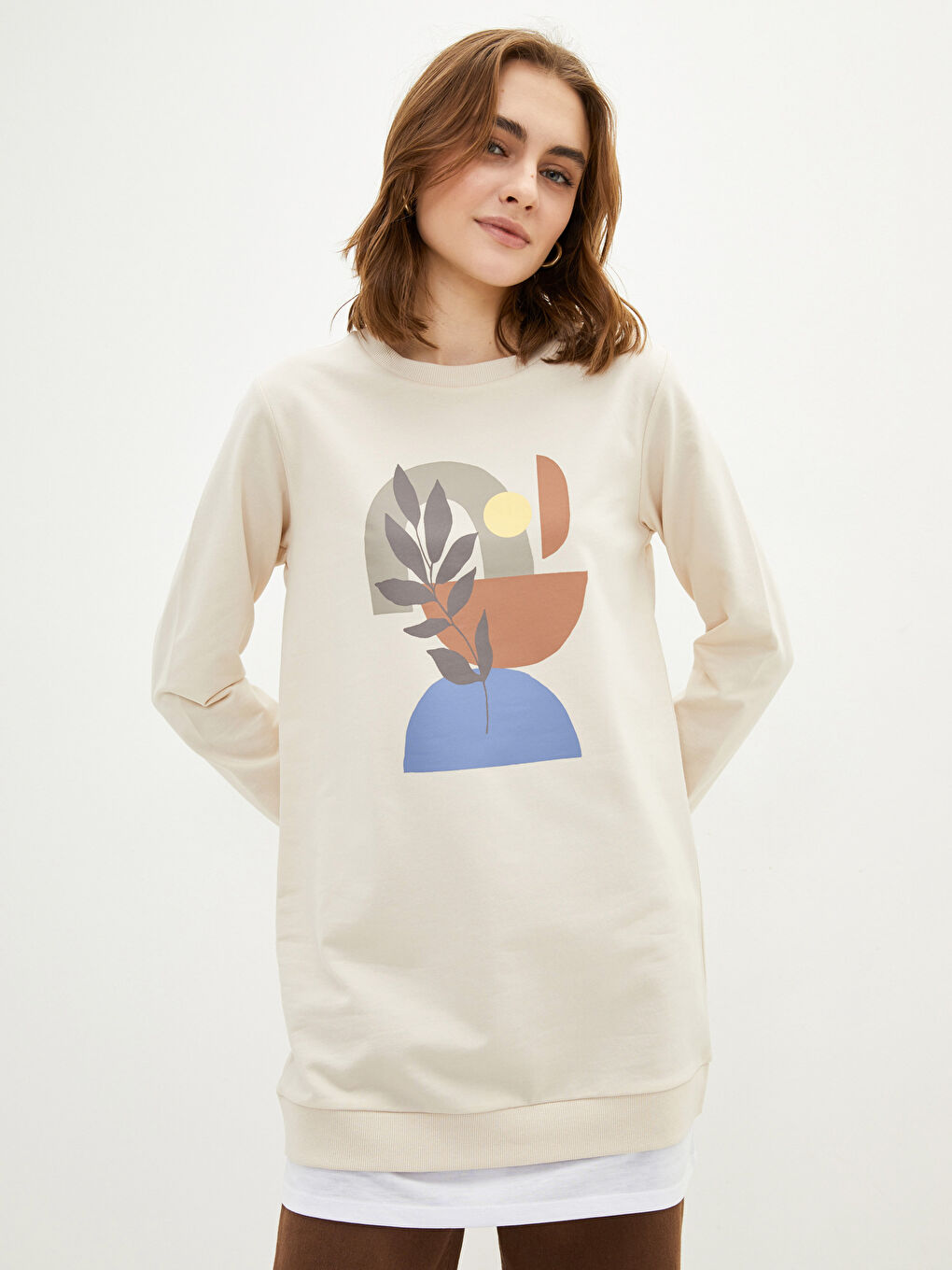 Gri Bisiklet Yaka Baskılı Uzun Kollu Kadın Sweatshirt Tunik