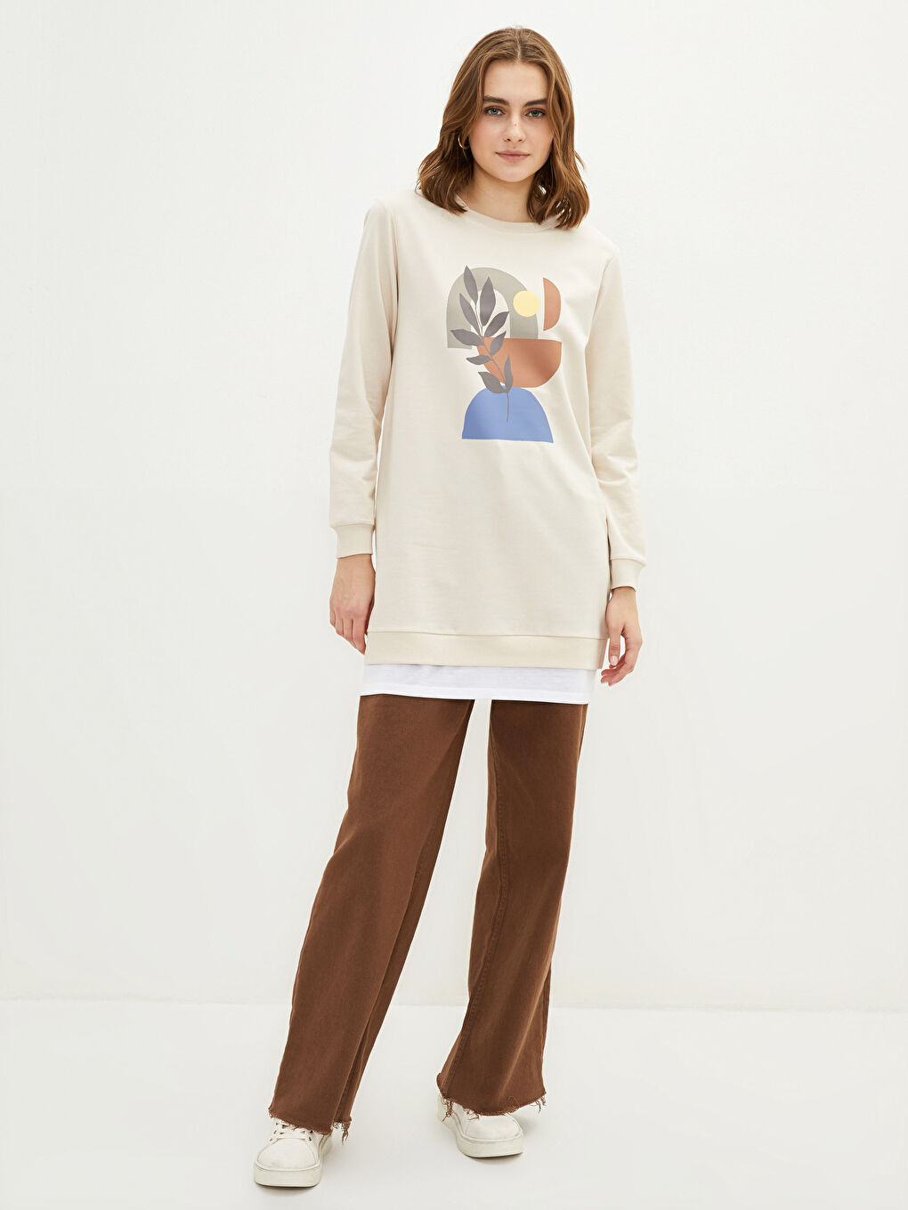 Gri Bisiklet Yaka Baskılı Uzun Kollu Kadın Sweatshirt Tunik-1