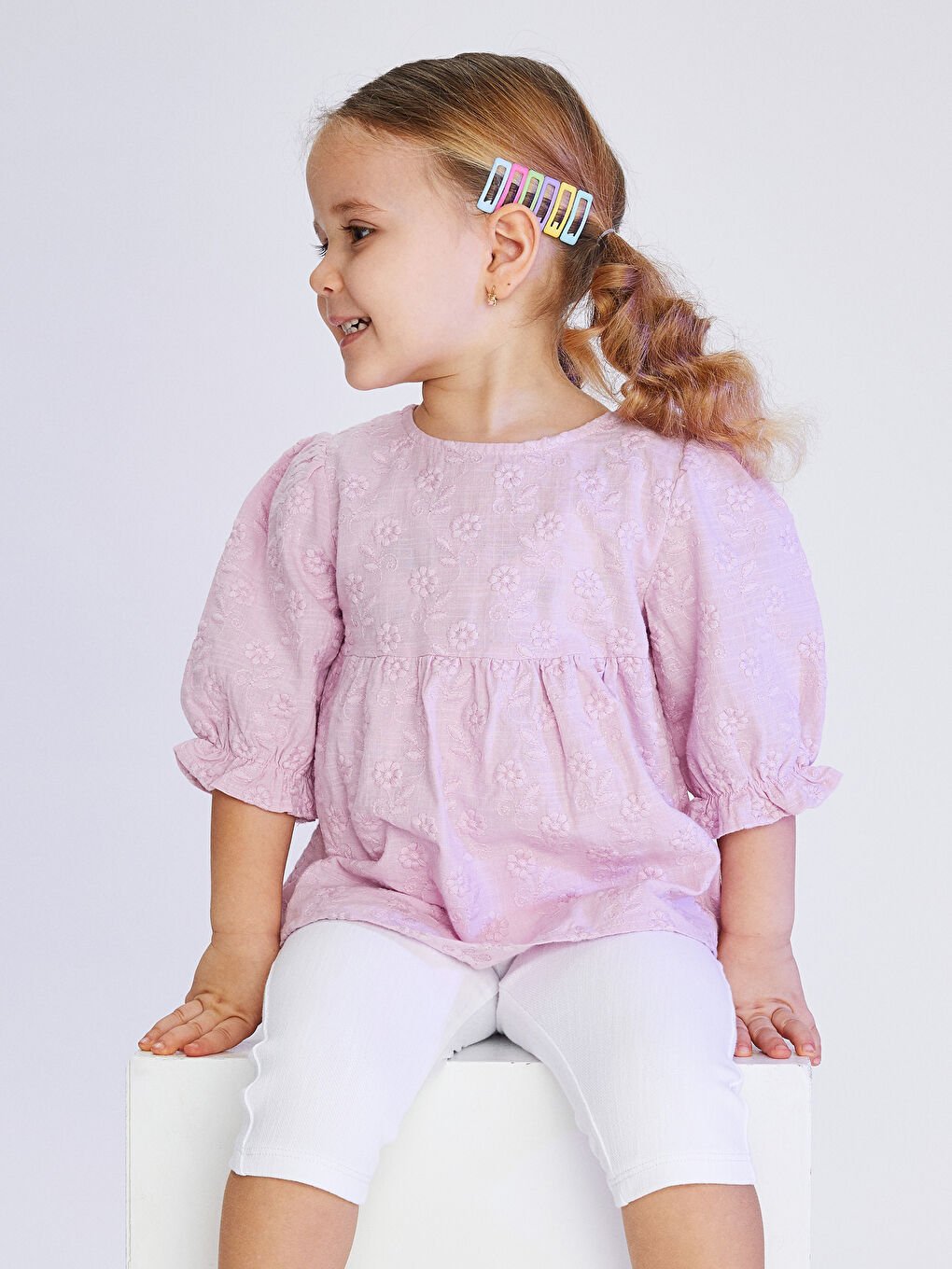 Crew Neck Short Sleeve Cotton Baby Girl Blouse-4