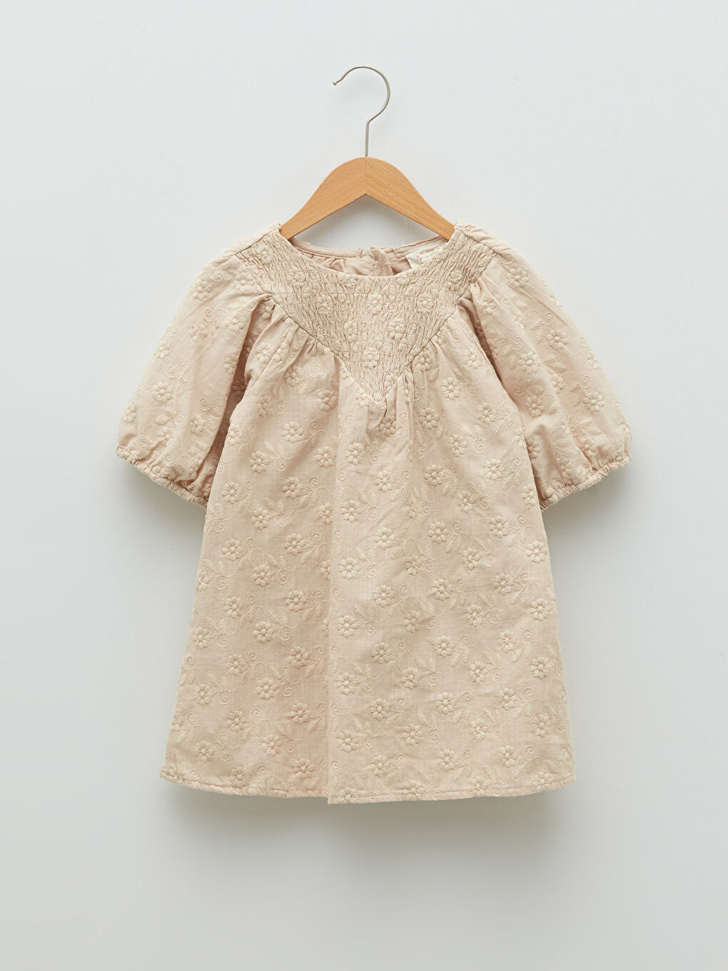 Bej Bisiklet Yaka Uzun Kollu Nakışlı Kız Bebek Elbise